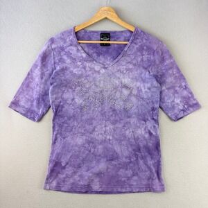 Sledge USA Crown Rhinestone T-Shirt Womens XL Purple Tie Dye Y2K V-Neck Cotton